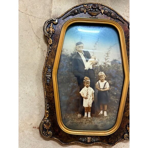 Antique Picture Frame Wood Ornate Gesso Convex Bubble Glass Picture Octagon Fami - Picture 10 of 12